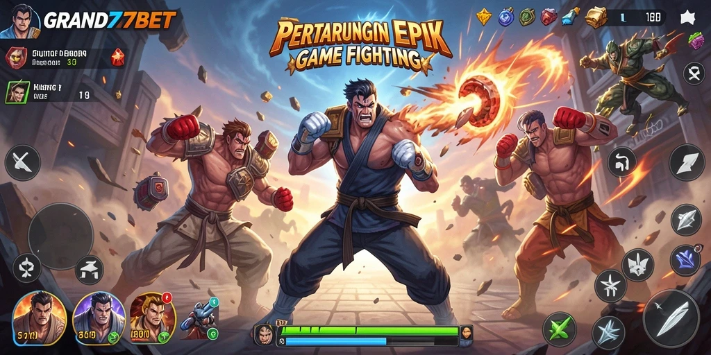Screenshot gameplay GRAND77BET menampilkan pertarungan yang dinamis dan menegangkan.