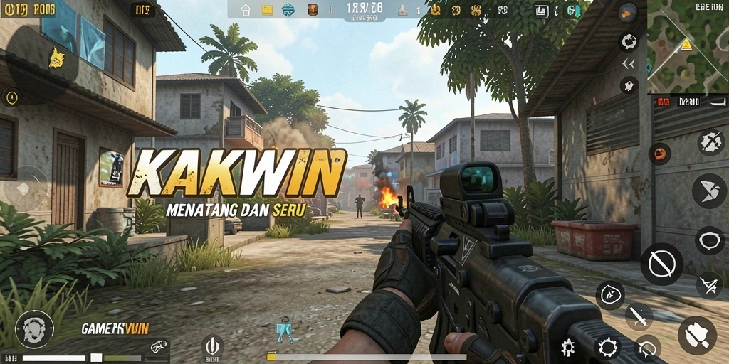 Tampilan gameplay utama KAKWIN dengan aksi tembak-menembak yang mendebarkan.