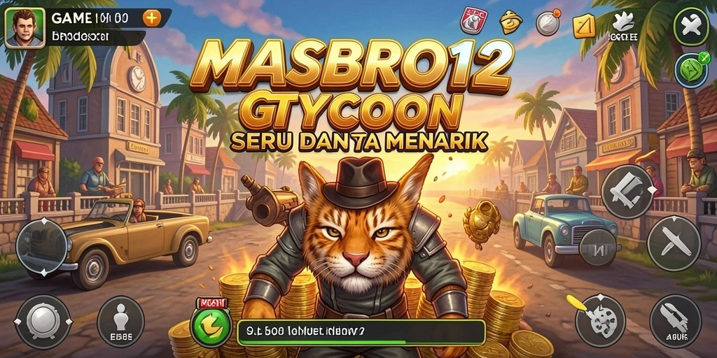 Screenshot utama MASBRO12 menampilkan aksi manajemen bisnis yang seru.