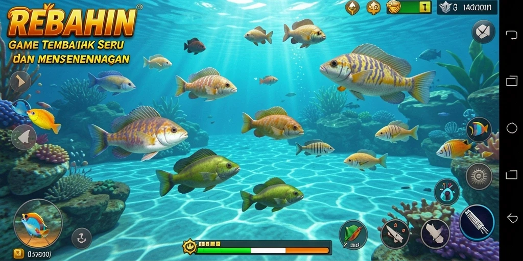 Tampilan gameplay seru dalam REBAHIN dengan berbagai ikan untuk ditembak.