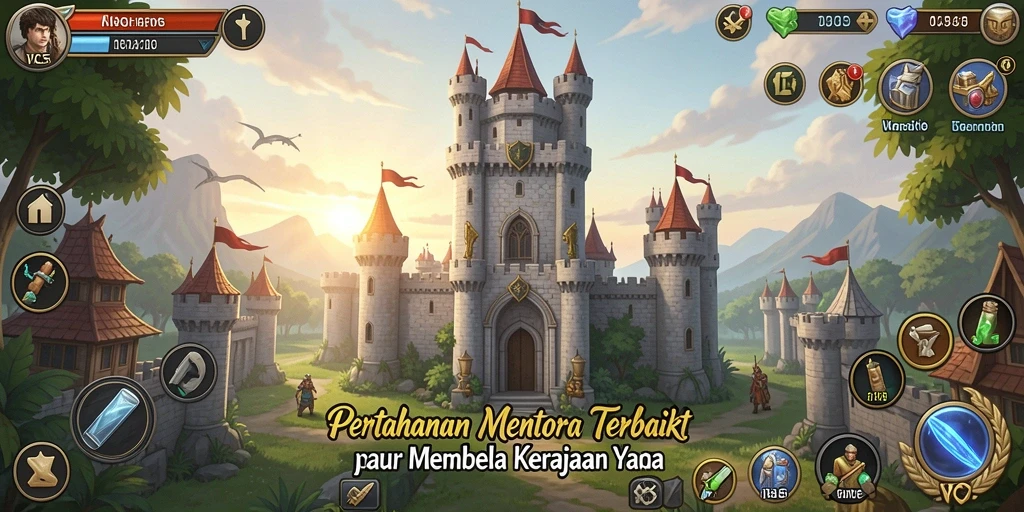 Screenshot gameplay VC5 menampilkan menara pertahanan yang strategis dan musuh yang menyerang.